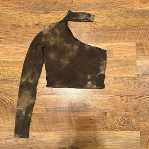 Cotton Citizen Green Tie-Dye Asymmetrical One Shoulder Long Sleeve Crop Top A13